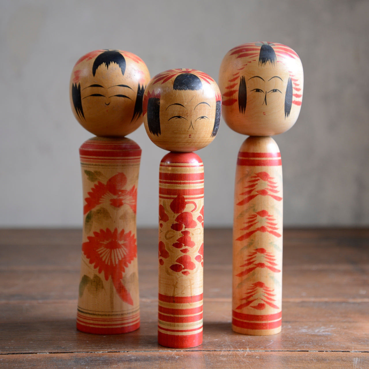 Set of 3 Traditional Japanese Folk Art Kokeshi Dolls