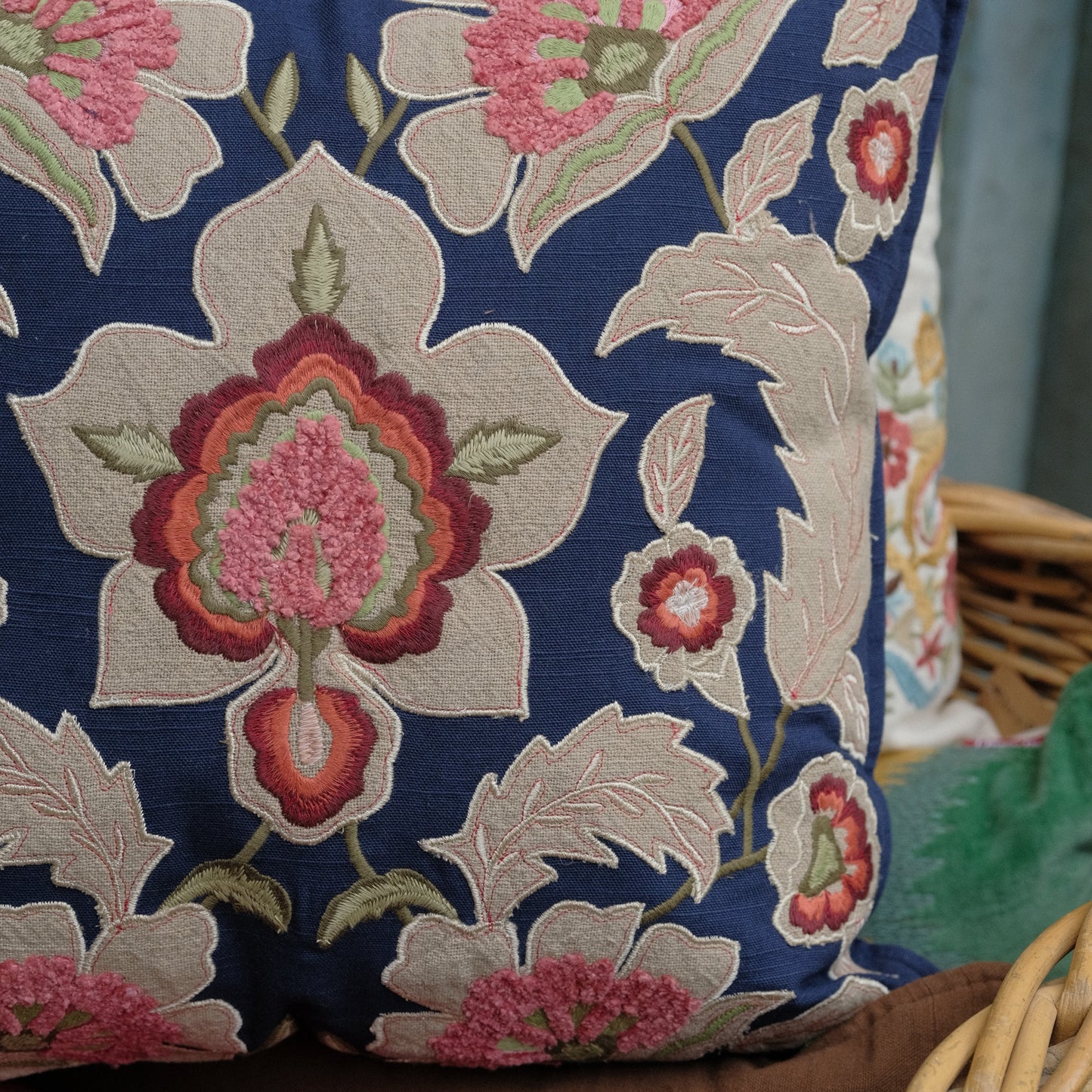 Embroidered Cushion - Navy Arts & Crafts