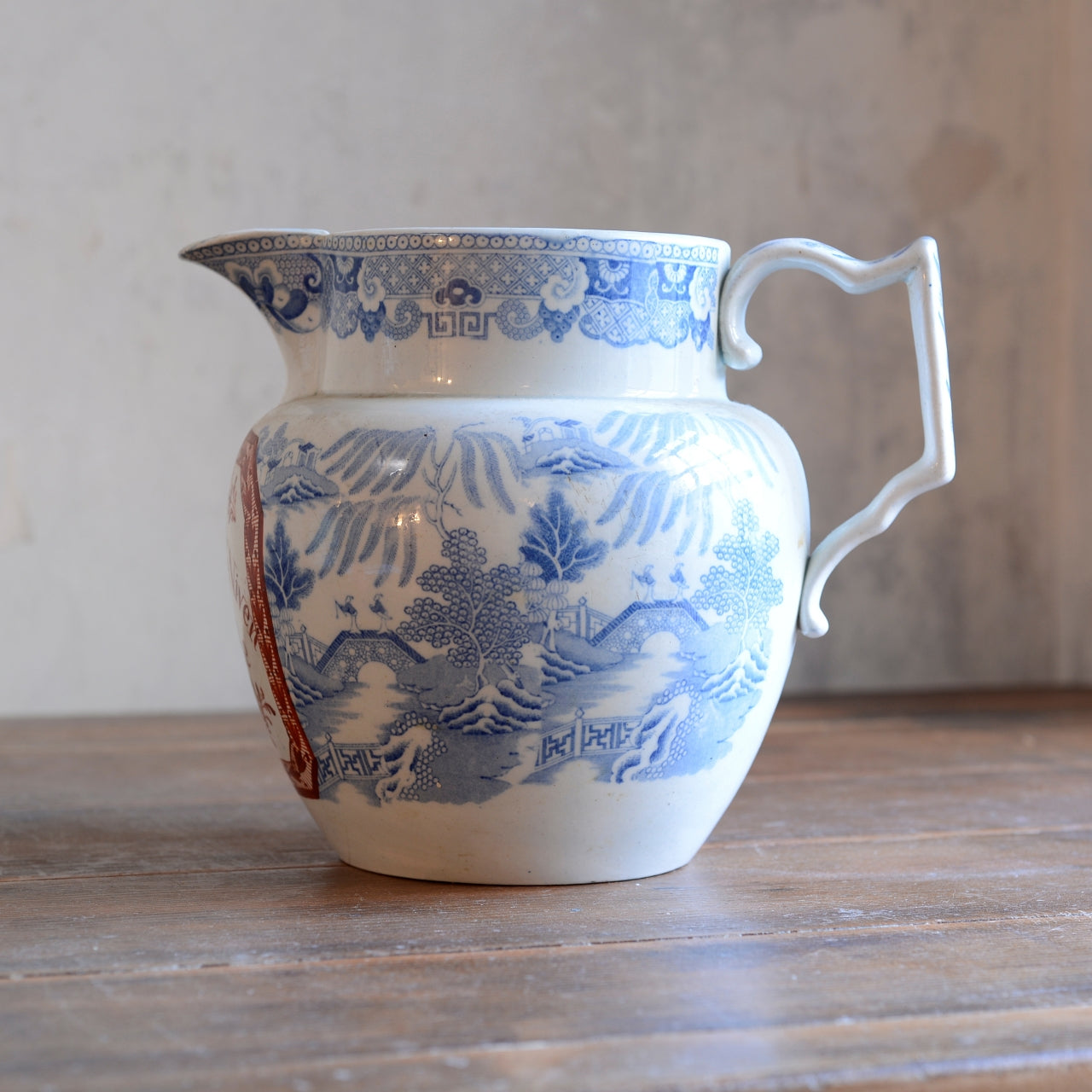 Blue & White Willow Pattern Jug with Scottish Inscription John & Marg Niven, Newbattle c1826