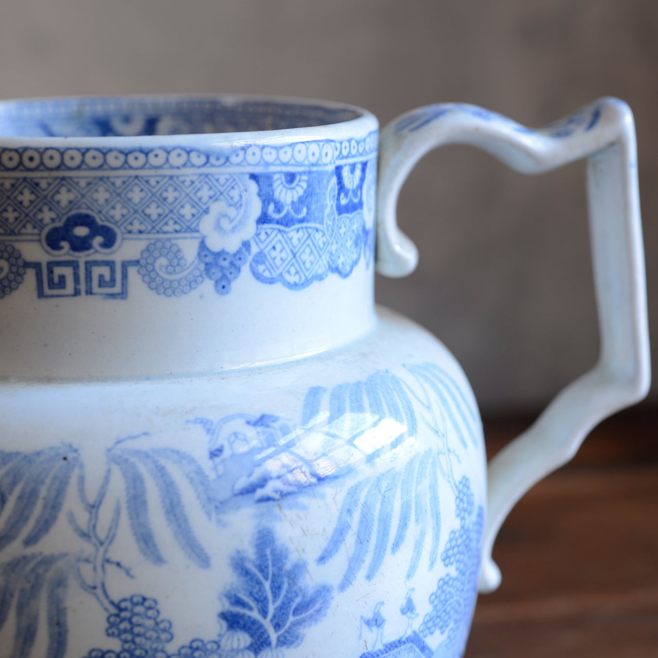 Blue & White Willow Pattern Jug with Scottish Inscription John & Marg Niven, Newbattle c1826