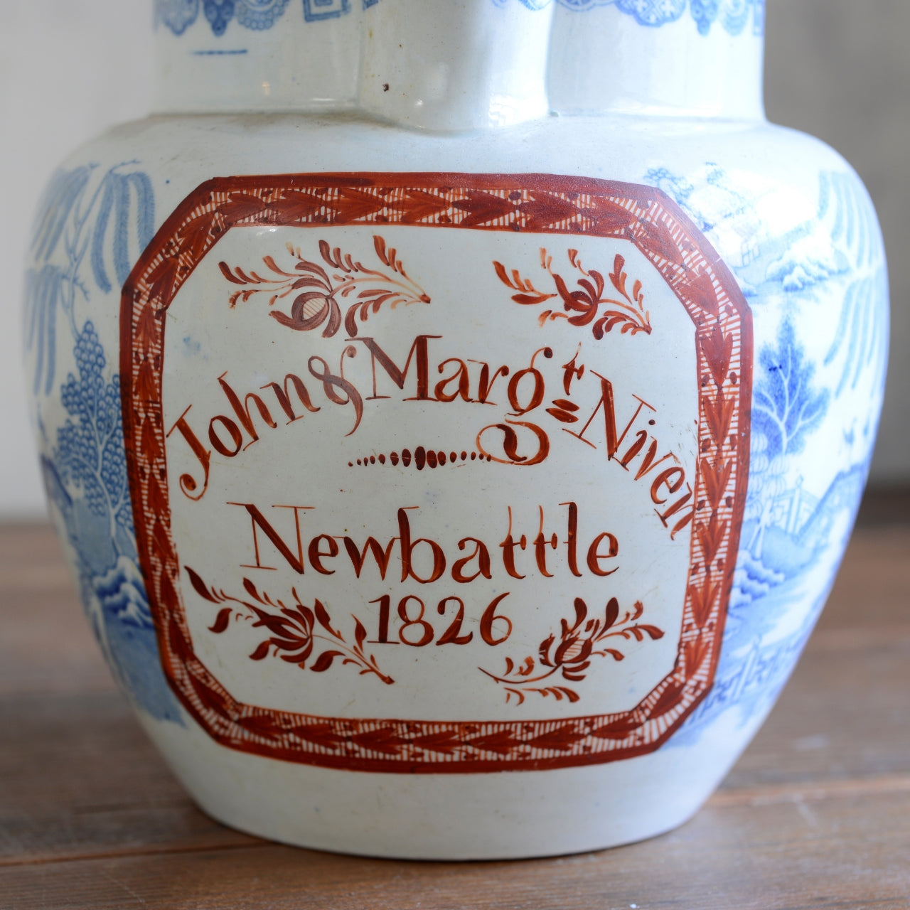 Blue & White Willow Pattern Jug with Scottish Inscription John & Marg Niven, Newbattle c1826