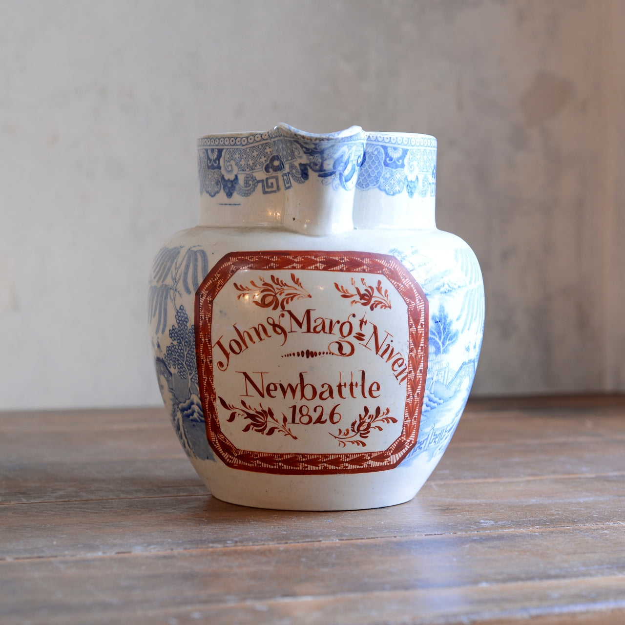 Blue & White Willow Pattern Jug with Scottish Inscription John & Marg Niven, Newbattle c1826