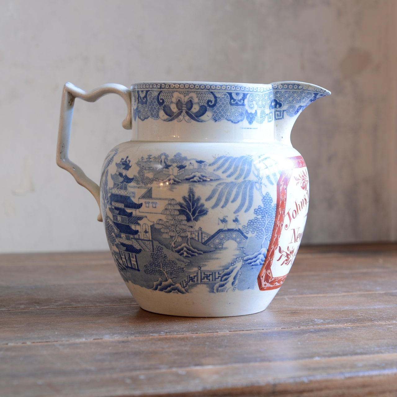Blue & White Willow Pattern Jug with Scottish Inscription John & Marg Niven, Newbattle c1826