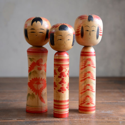 Set of 3 Traditional Japanese Folk Art Kokeshi Dolls