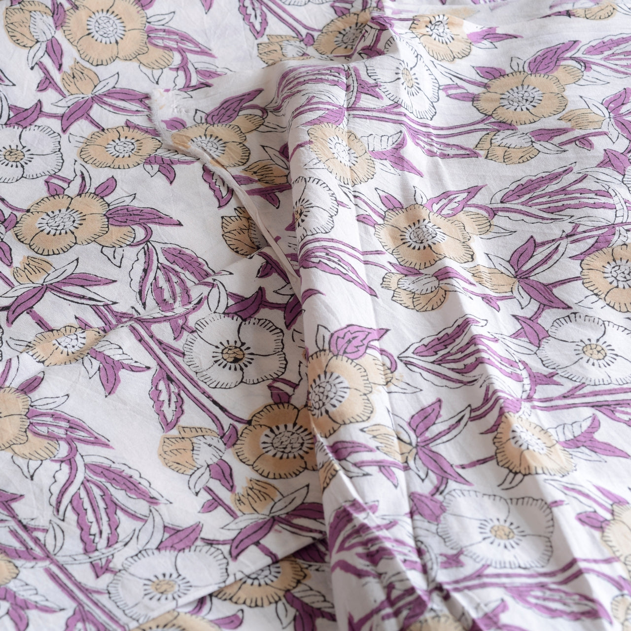 Block Print Cotton Fabric - Large Purple Flowers