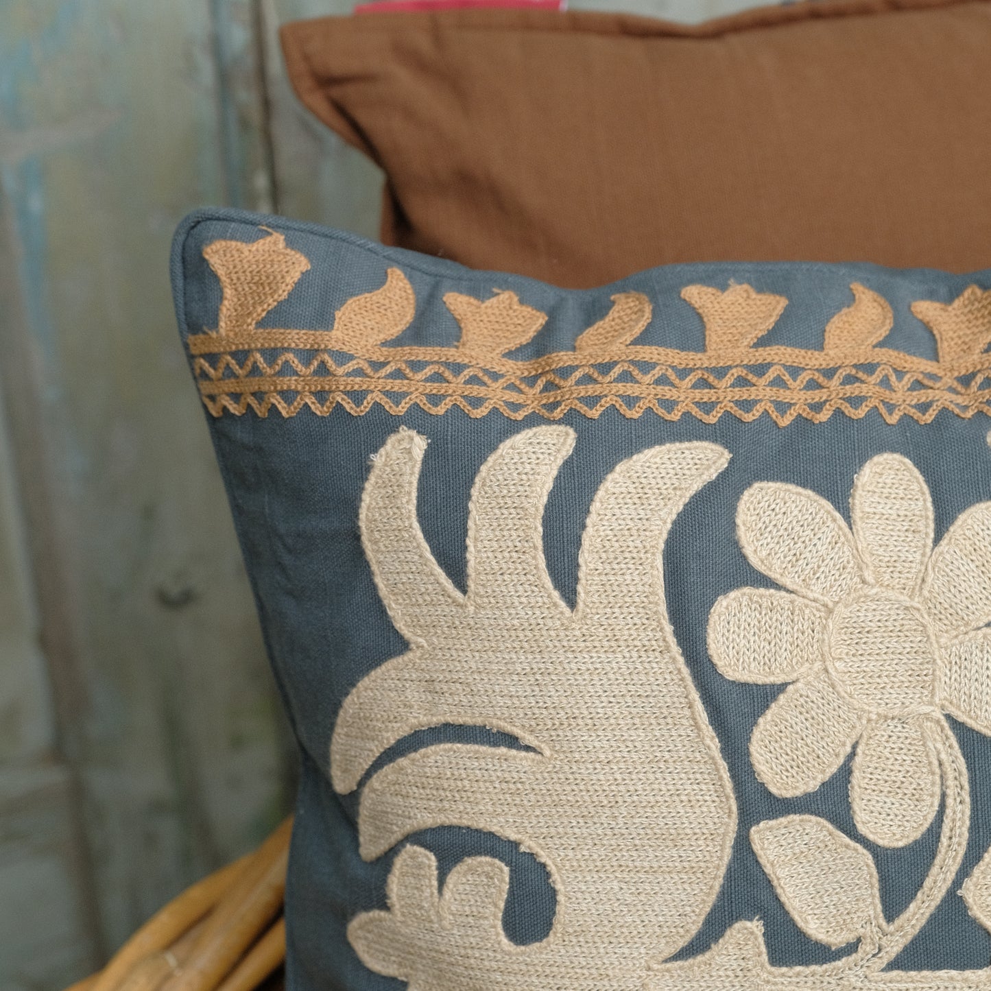 Embroidered Cushion - Blue Cream & Gold