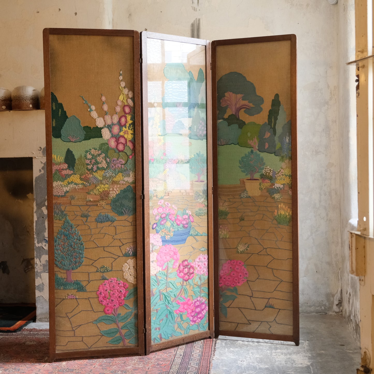 1940’s profusely Embroidered 3 Part Folding Screen