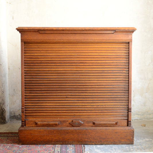 Quality 1920’s Tambour Front Oak Bookcase Cabinet