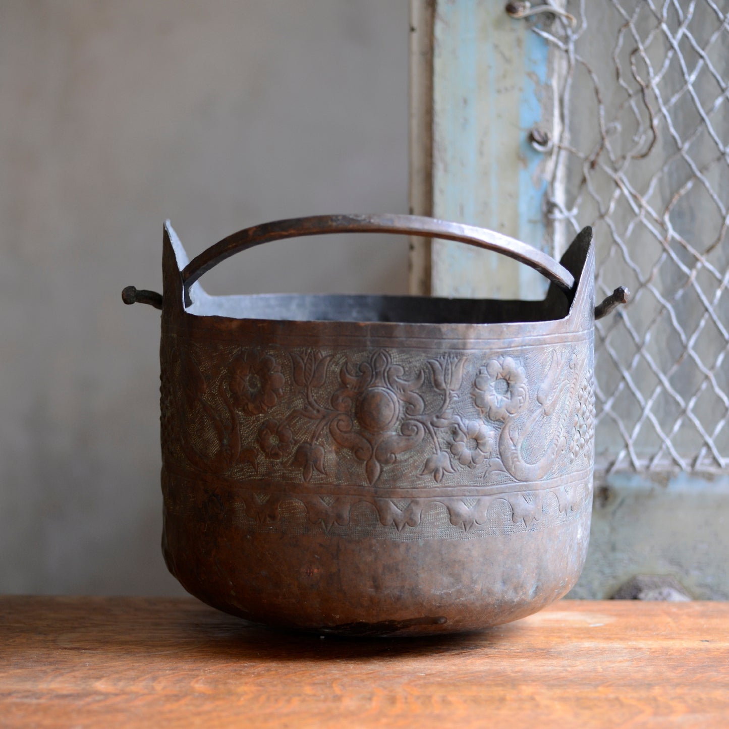 Antique Hand Embossed and Chiselled Decorative Copper Bucket