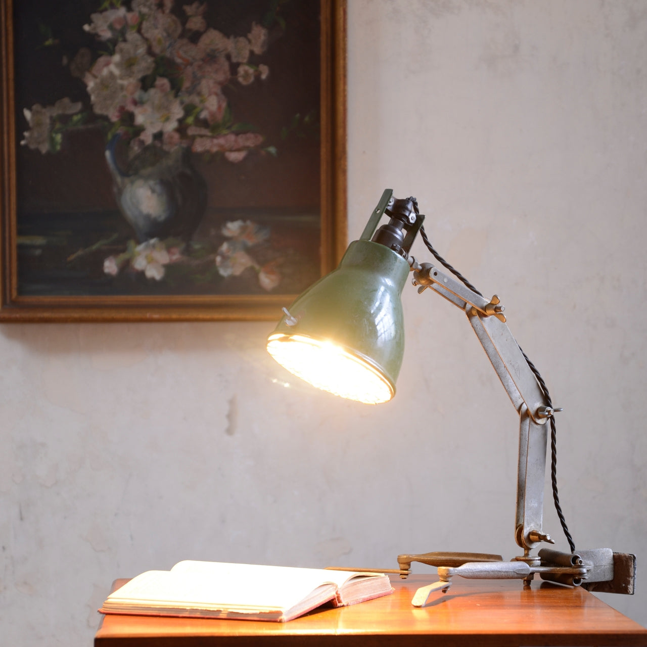 Adjustable Clamping Task Lamp with Green Enamel Shade.