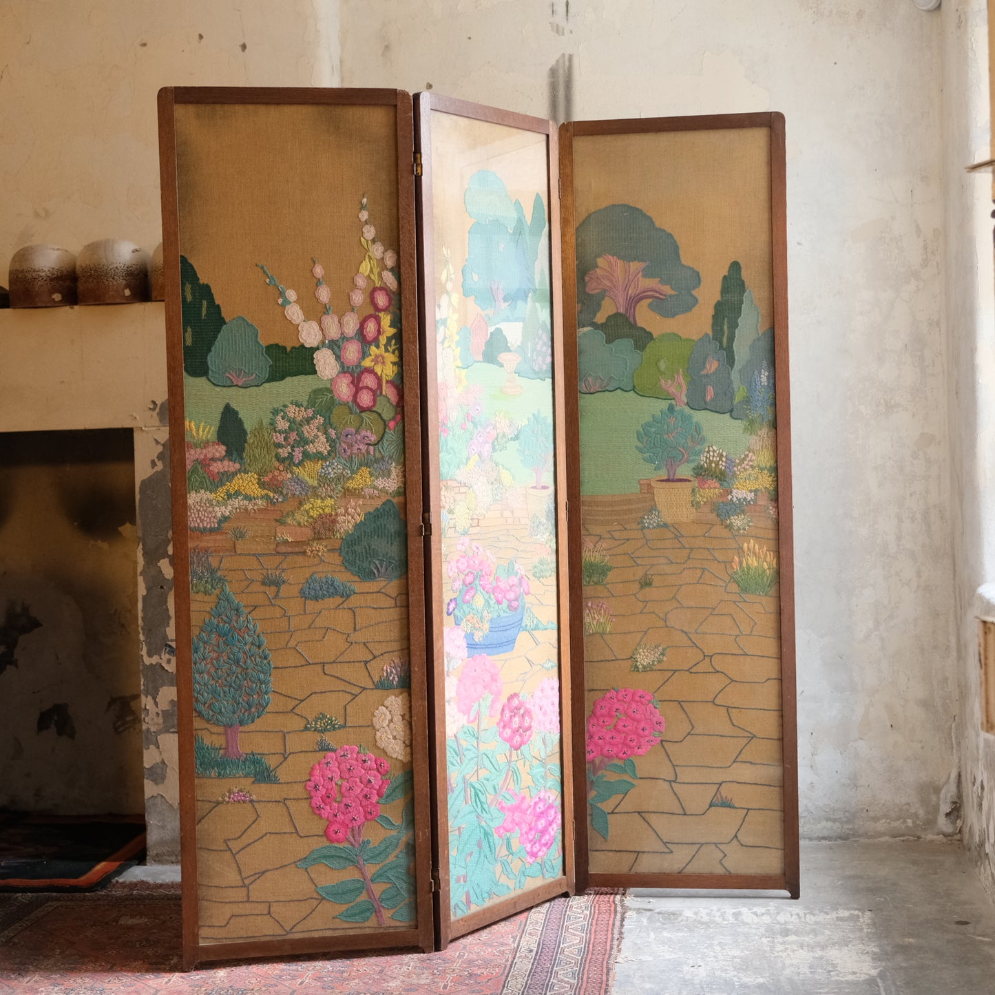 1940’s profusely Embroidered 3 Part Folding Screen