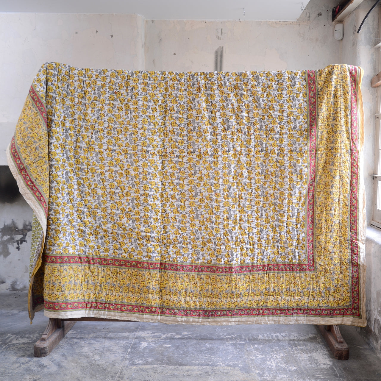 Kingsize Reversible Block-Print Cotton Padded Quilt | Mustard & Red & Yellow Flowers