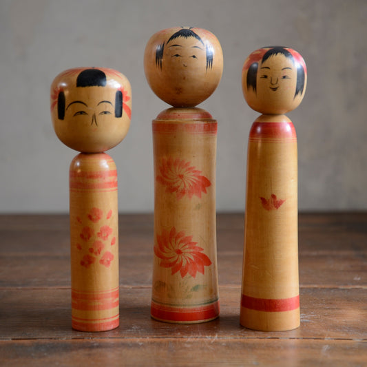 Set of 3 Traditional Japanese Folk Art Kokeshi Dolls