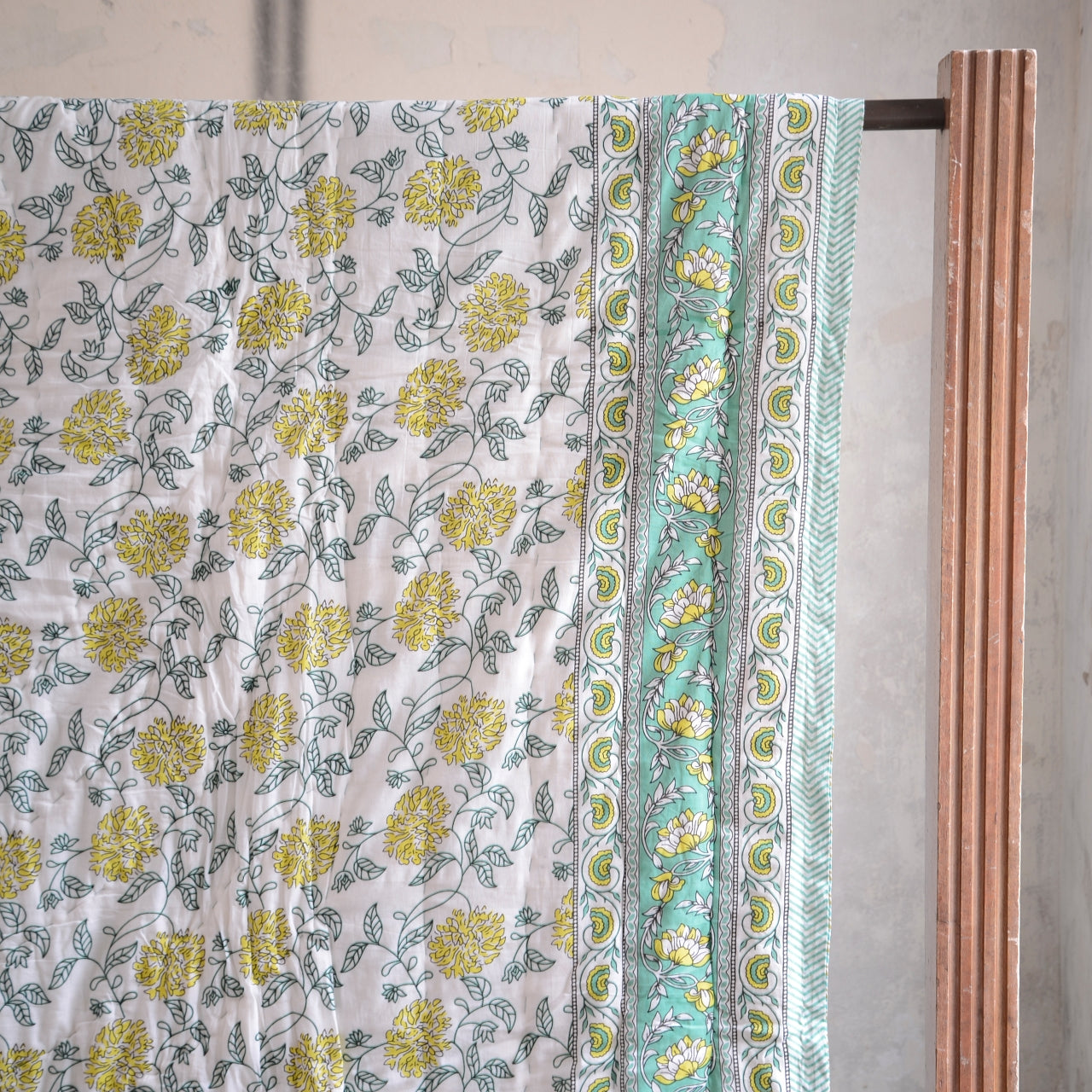 Kingsize Reversible Block-Print Cotton Padded Quilt | Pale Turquoise & Flowers