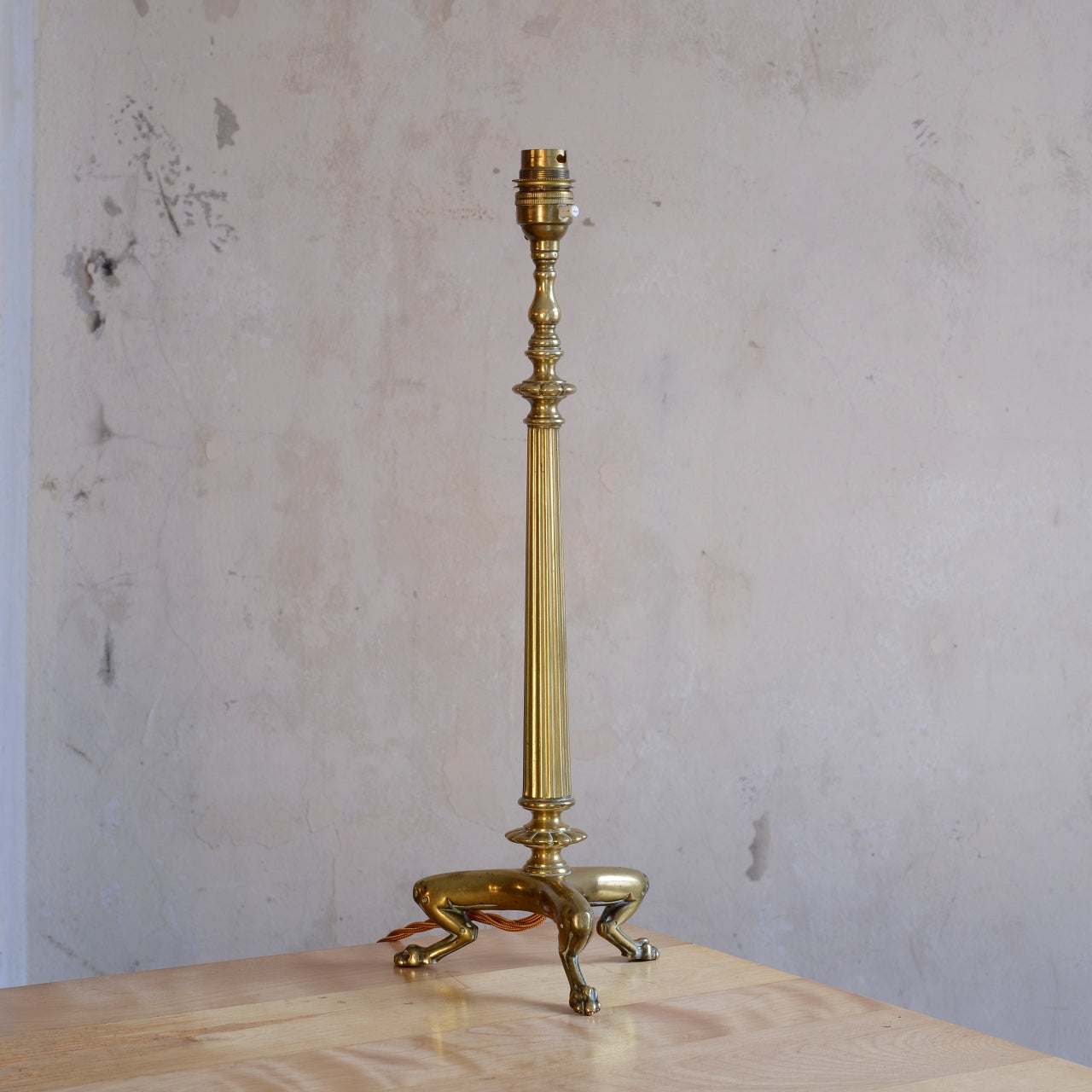 Antique Brass Column Table Lamp, raised on three paw feet