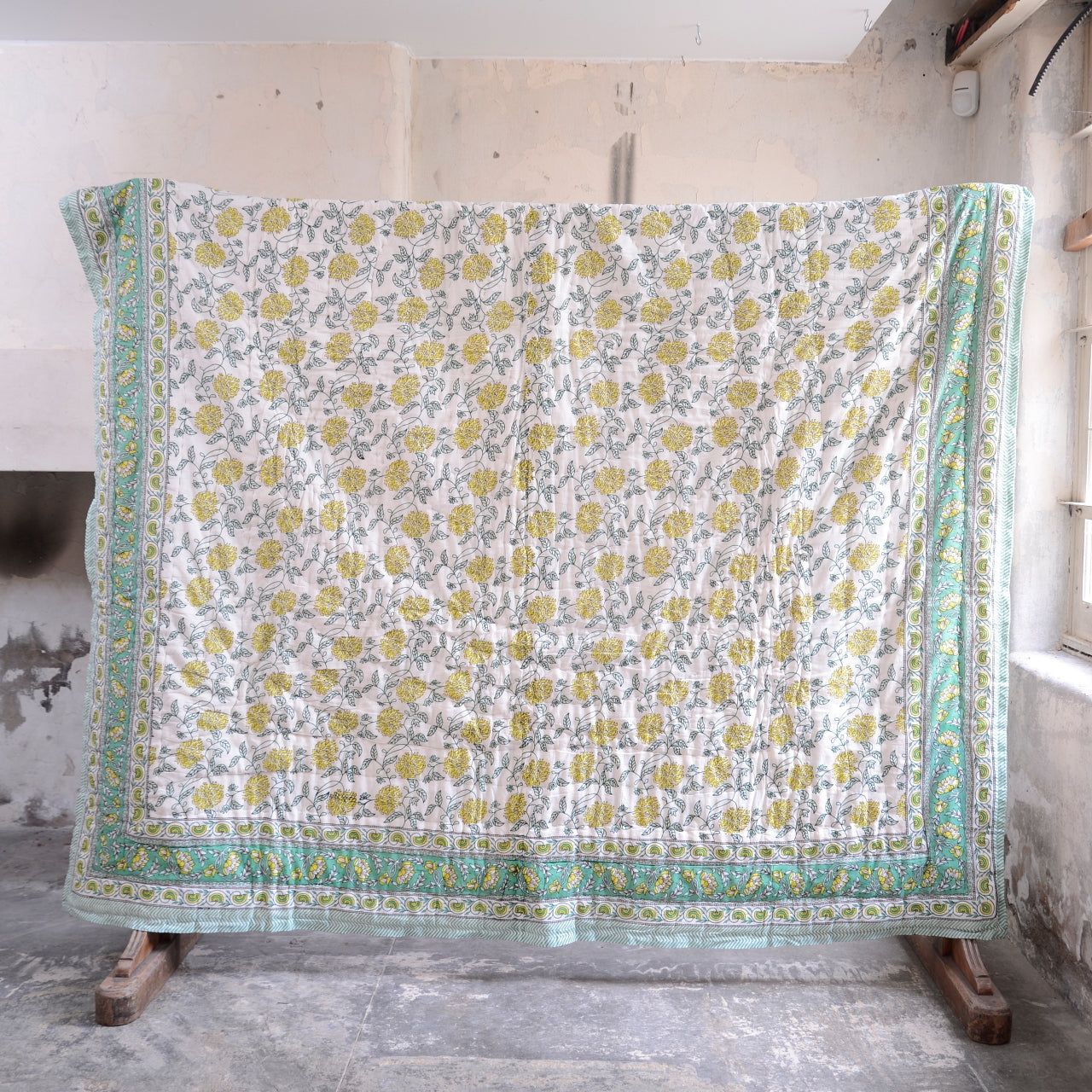 Kingsize Reversible Block-Print Cotton Padded Quilt | Pale Turquoise & Flowers