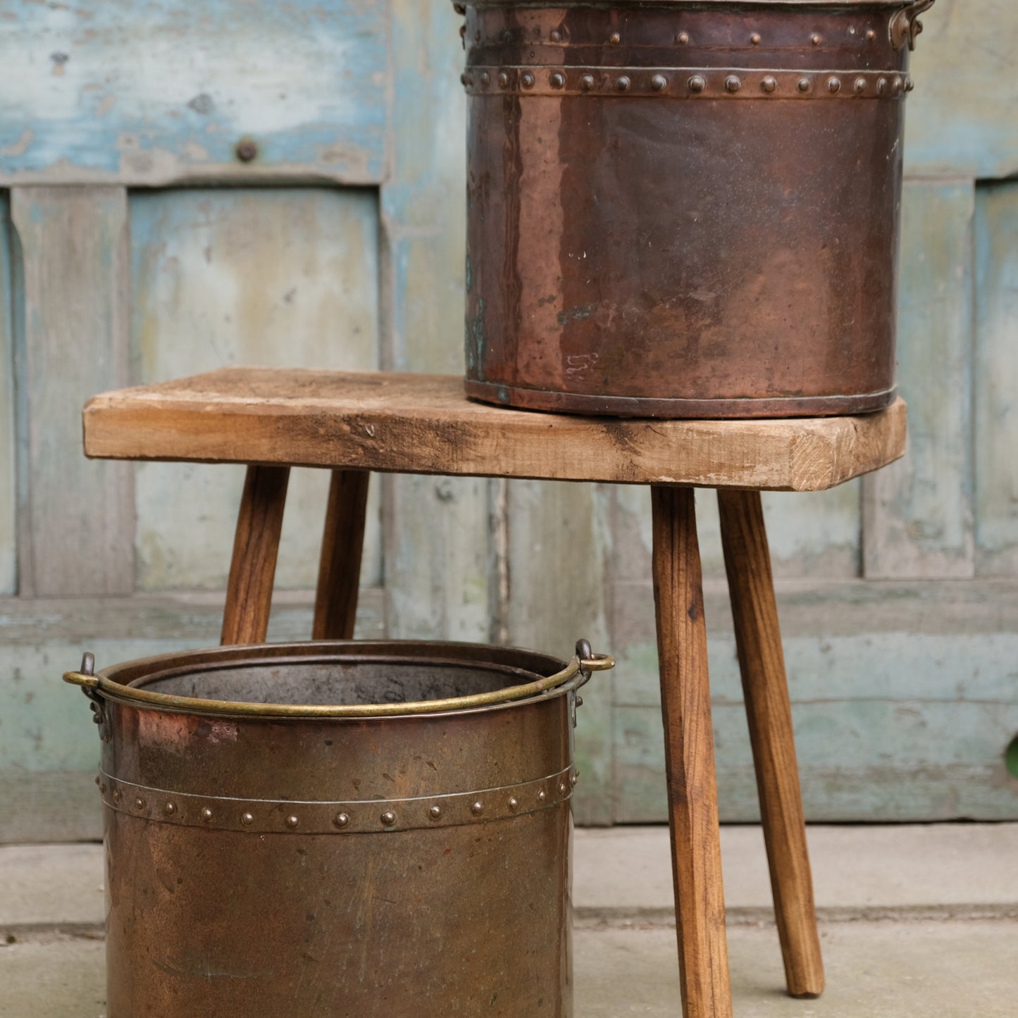 Pair Rivetted Copper Buckets with Liners