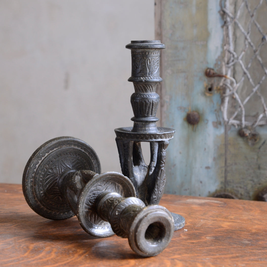 Hand Carved Soapstone Candlesticks - Leather Bases