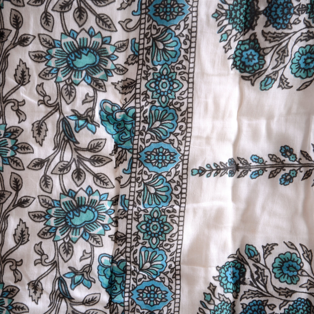 Kingsize Reversible Block-Print Cotton Padded Quilt | Turquoise & White Flowers