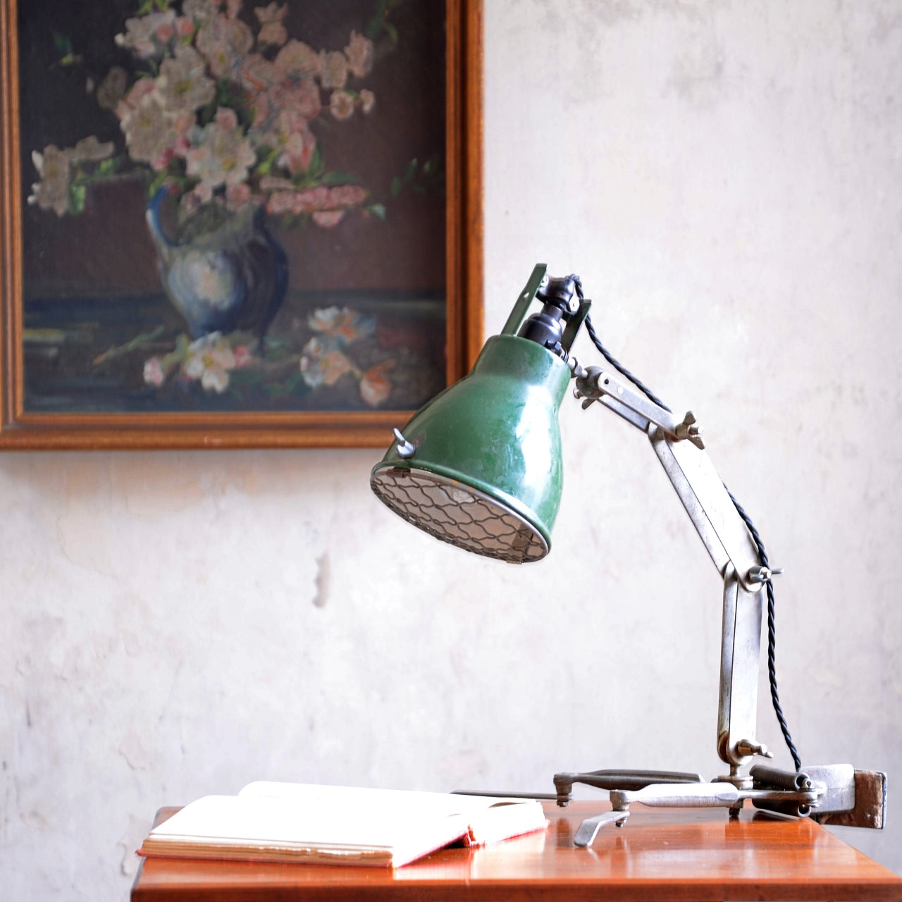 Adjustable Clamping Task Lamp with Green Enamel Shade.