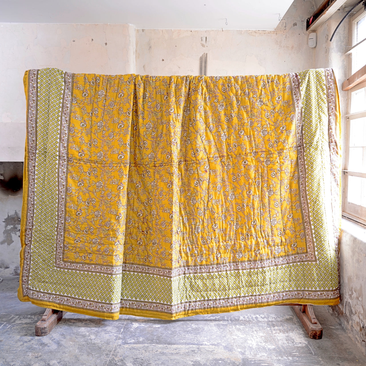 Kingsize Reversible Block-Print Cotton Padded Quilt | Mustard & Red & Yellow Flowers