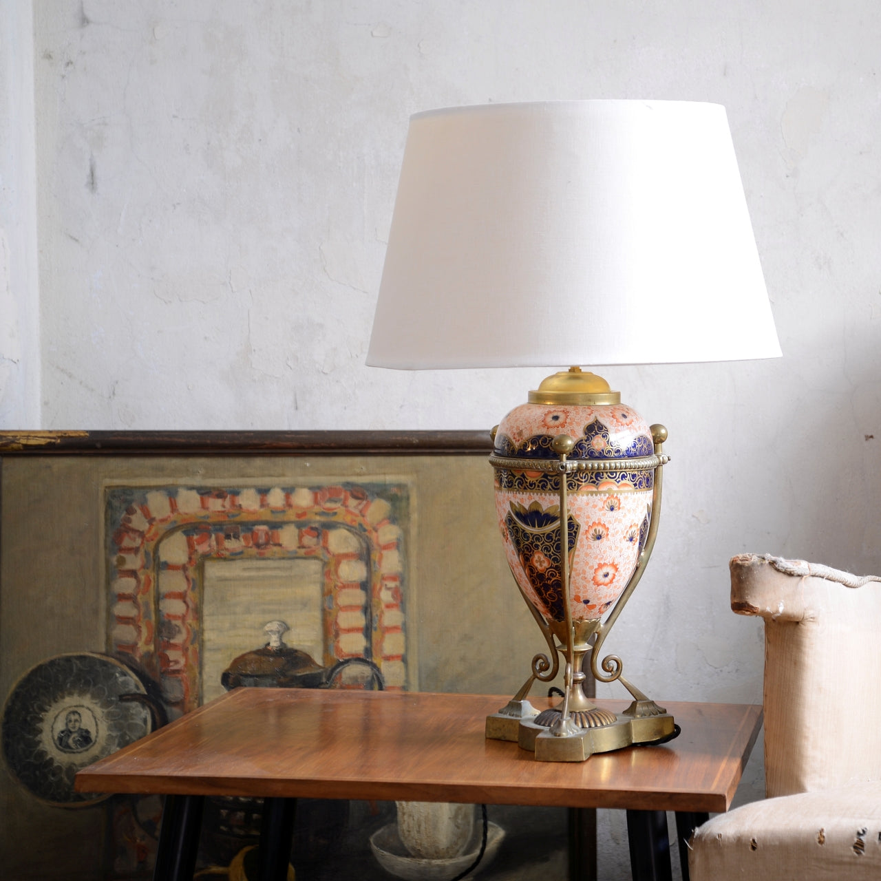 19th Century Staffordshire Pottery Lamp with Brass Frame