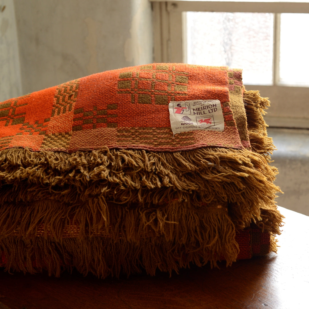 Burnt Orange Welsh Blanket Bedspread - Merion Mill 1960’s - 2.5m by 2.5m