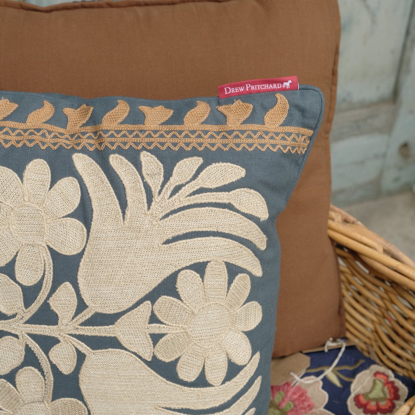 Embroidered Cushion - Blue Cream & Gold