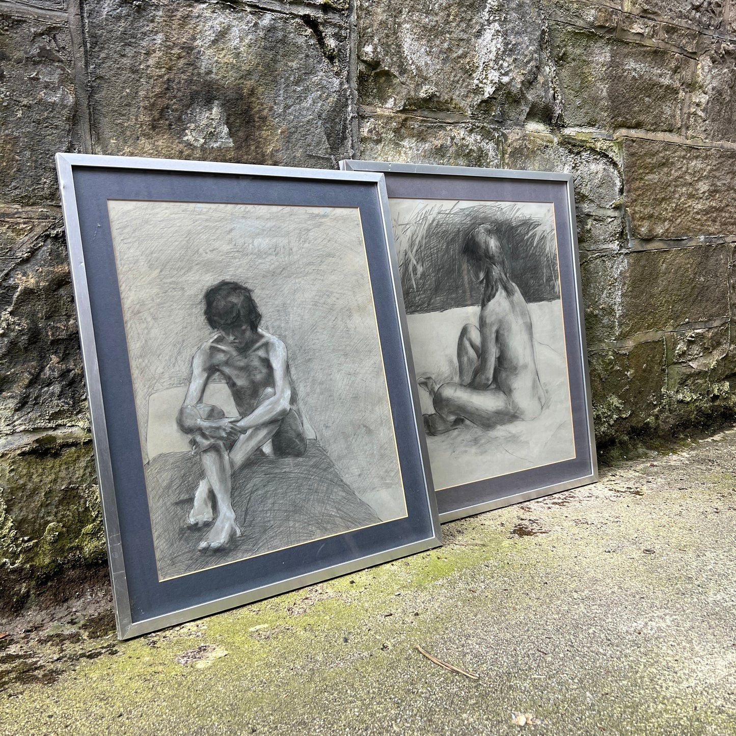 2 Framed Seated Nude Studies. Pencil sketched. c1970