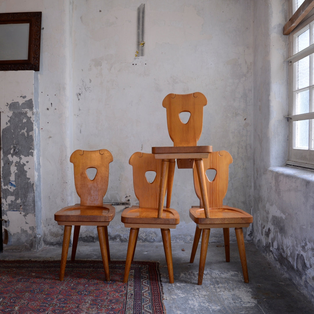 Brutalist Pine 1970’s Bistro Table and Six Chairs by Zydel REDYK B