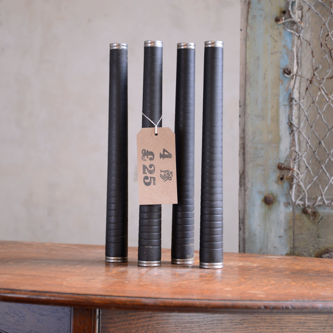 Set 4 Tall Ebonised Mill Bobbins with white metal banding