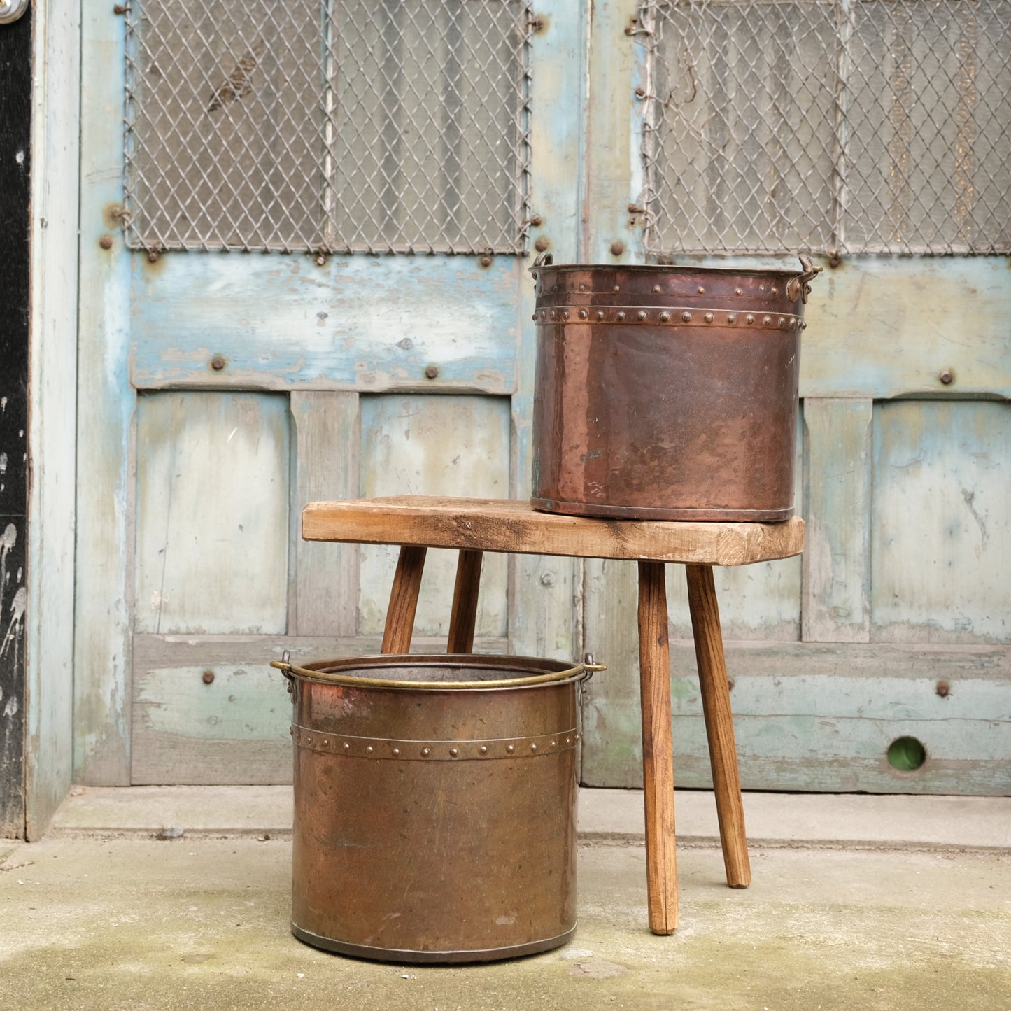 Pair Rivetted Copper Buckets with Liners