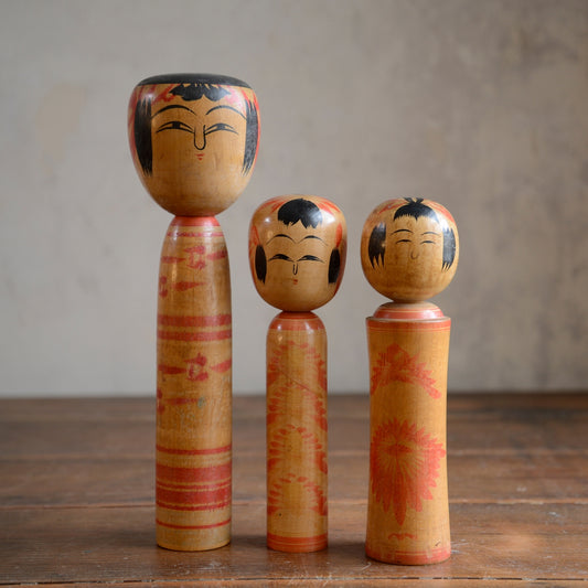 Set of 3 Traditional Japanese Folk Art Kokeshi Dolls