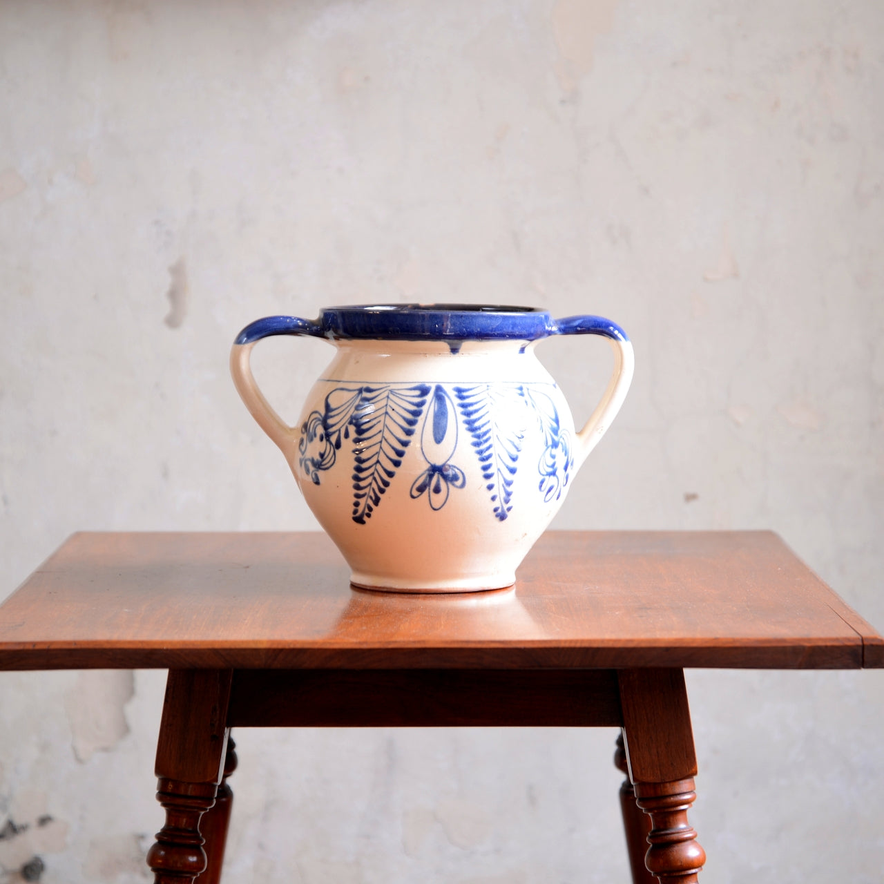 Hungarian Folk Art Blue on Cream Slipware Pot