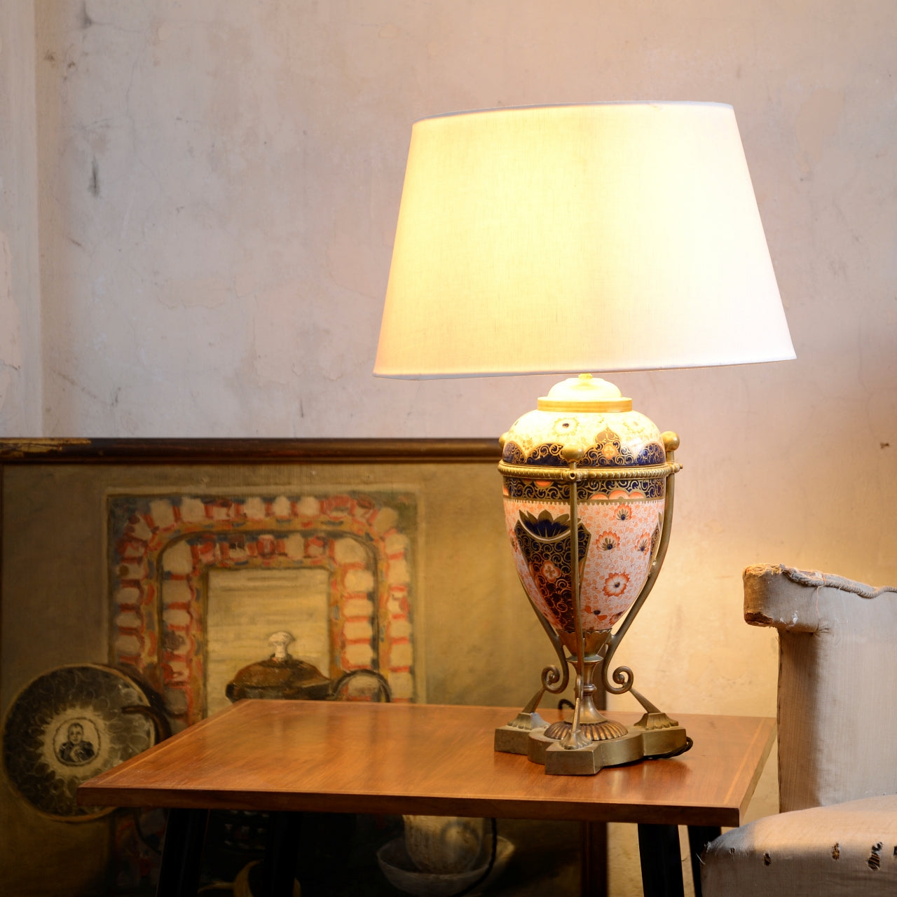 19th Century Staffordshire Pottery Lamp with Brass Frame