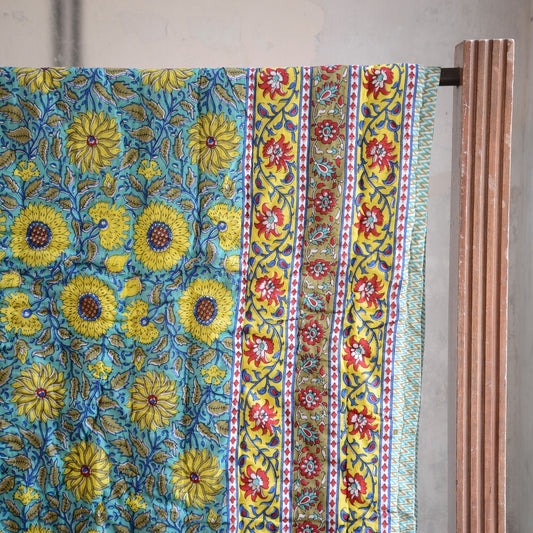 Kingsize Reversible Block-Print Cotton Padded Quilt | Turquoise & Yellow Sunflowers