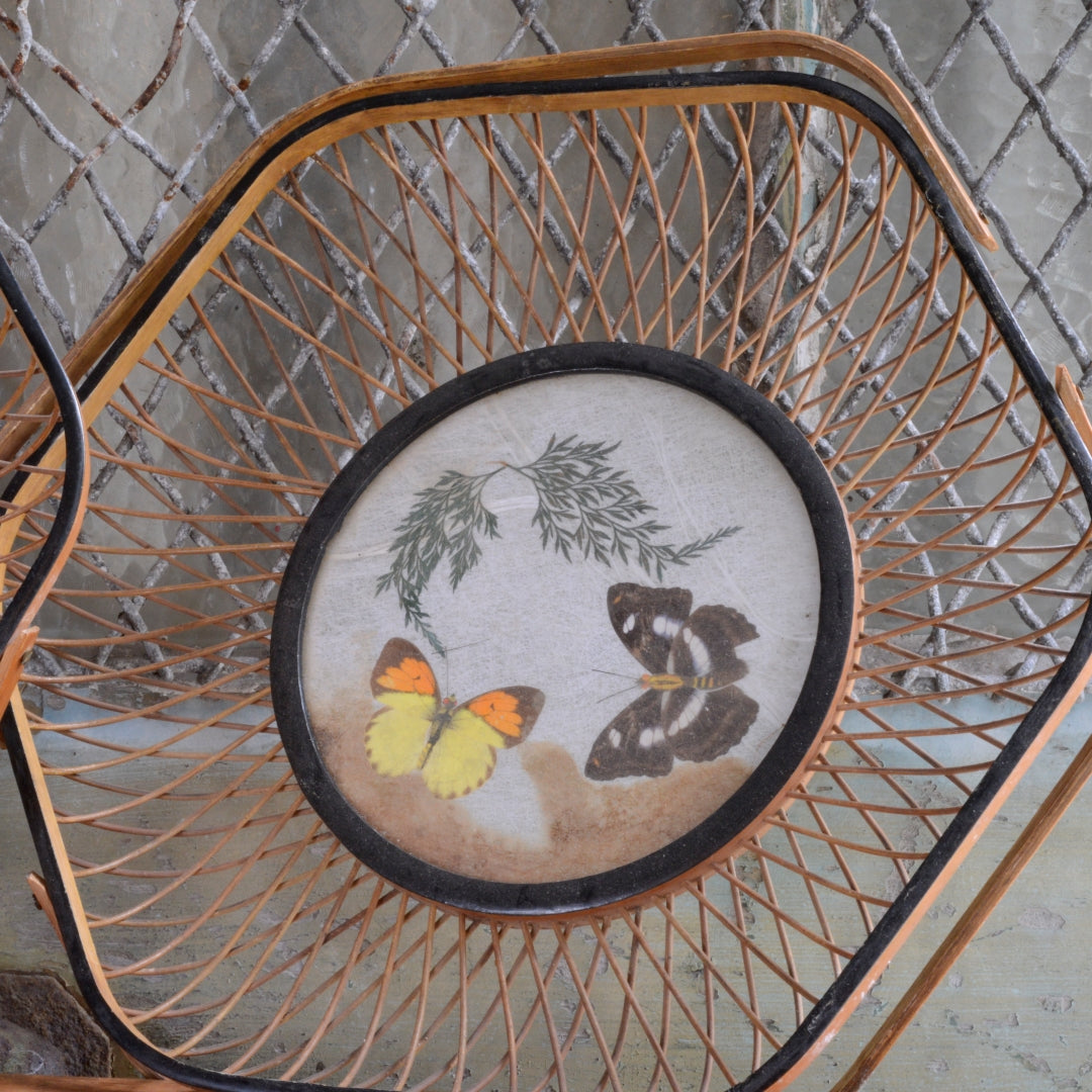 Pair Mid-Century Rattan baskets with Butterflies