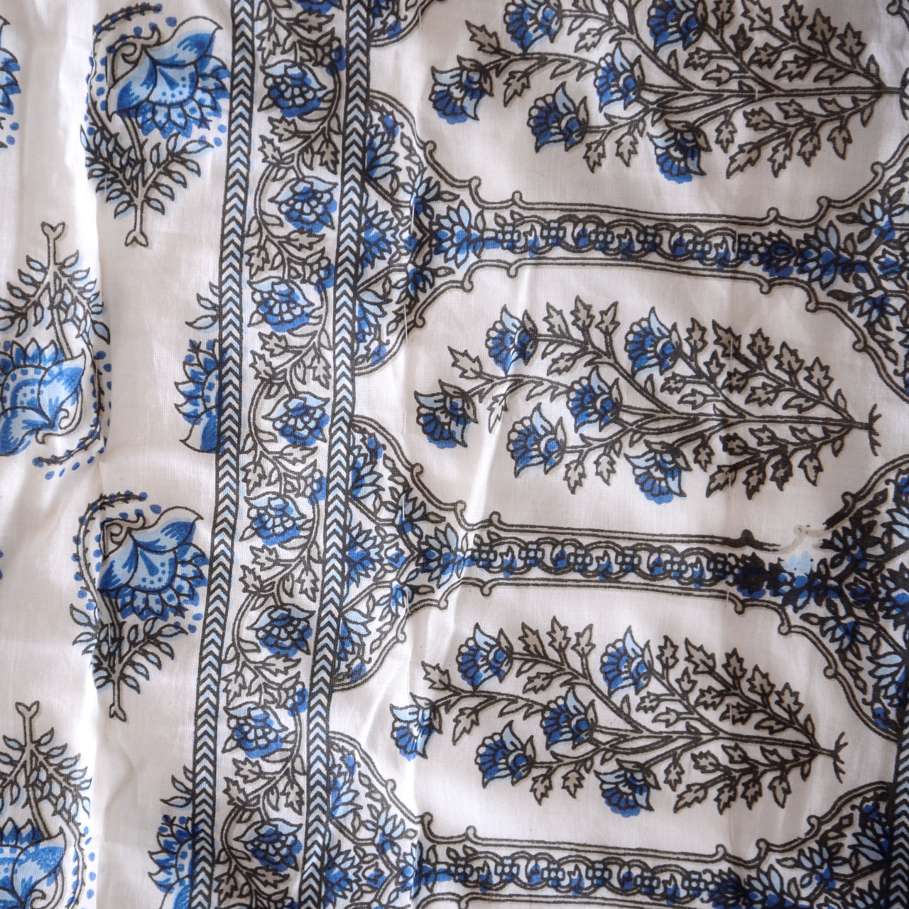 Kingsize Reversible Block-Print Cotton Padded Quilt | Blue & White Paisley Flowers