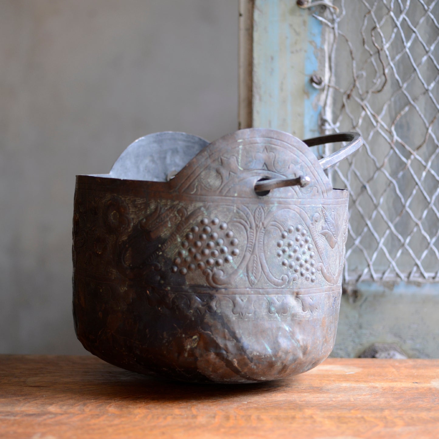 Antique Hand Embossed and Chiselled Decorative Copper Bucket