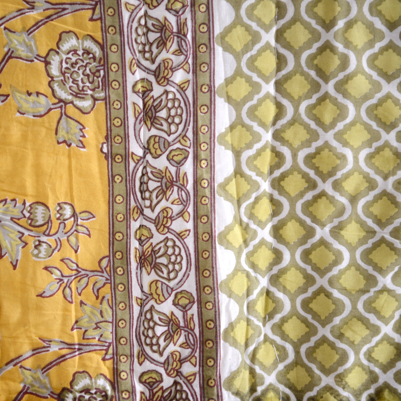 Kingsize Reversible Block-Print Cotton Padded Quilt | Mustard & Red & Yellow Flowers