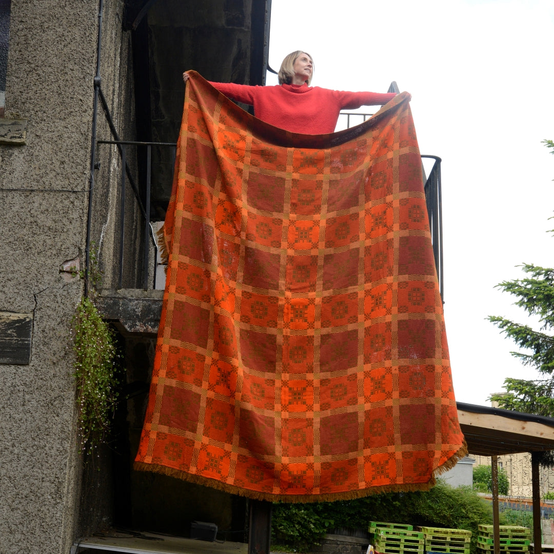 Burnt Orange Welsh Blanket Bedspread - Merion Mill 1960’s - 2.5m by 2.5m