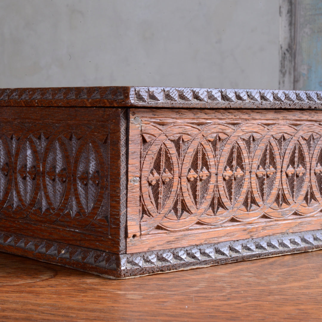 Finely Chip Carved Oak Box - Frisian work, Leather base, 1920’s