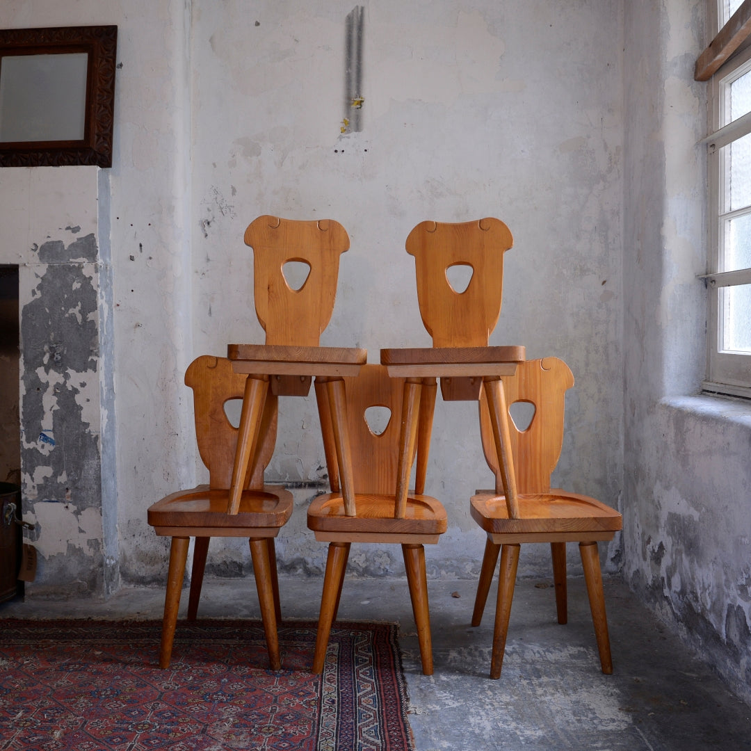 Brutalist Pine 1970’s Bistro Table and Six Chairs by Zydel REDYK B