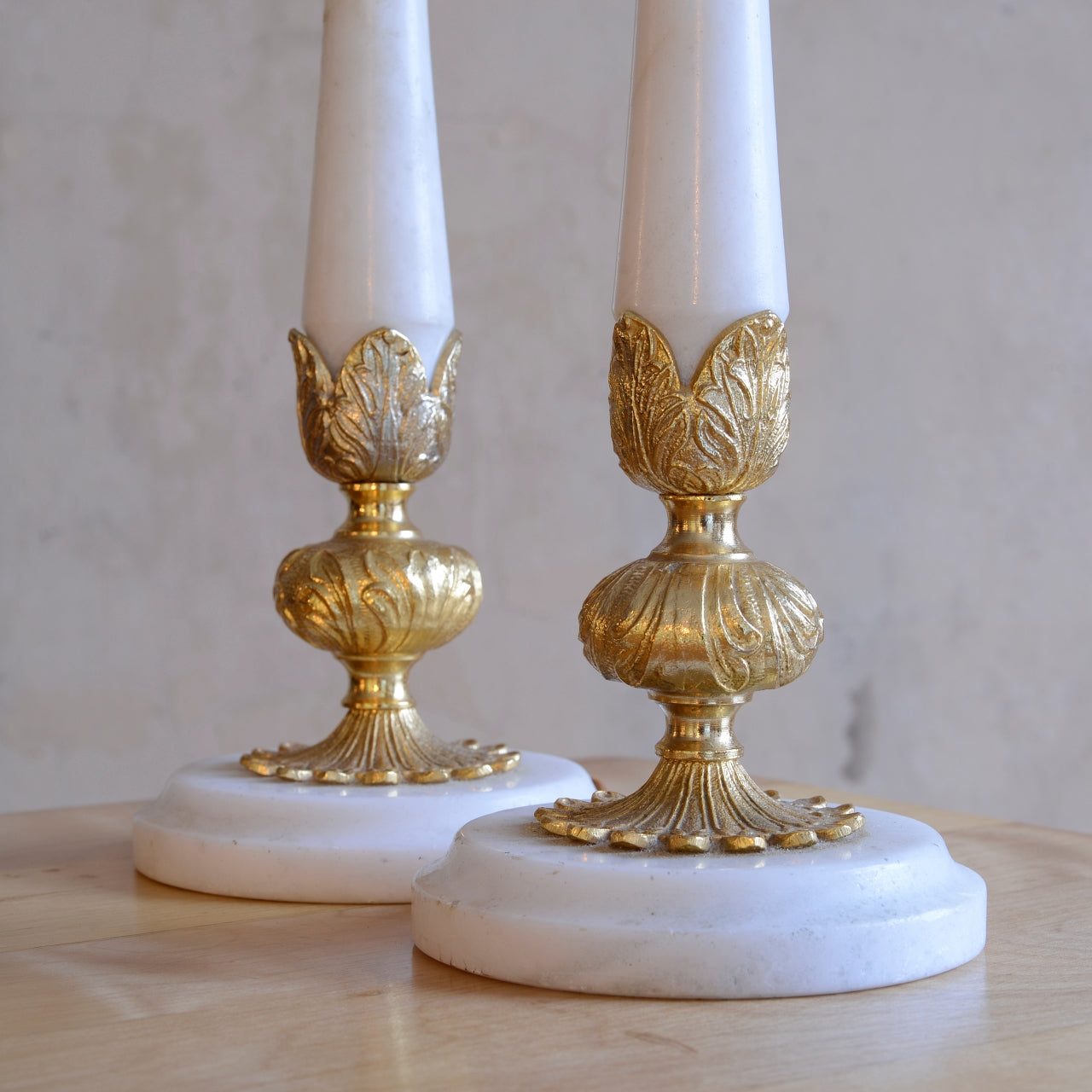 Pair French White Alabaster & Gilt Brass Table Lamps