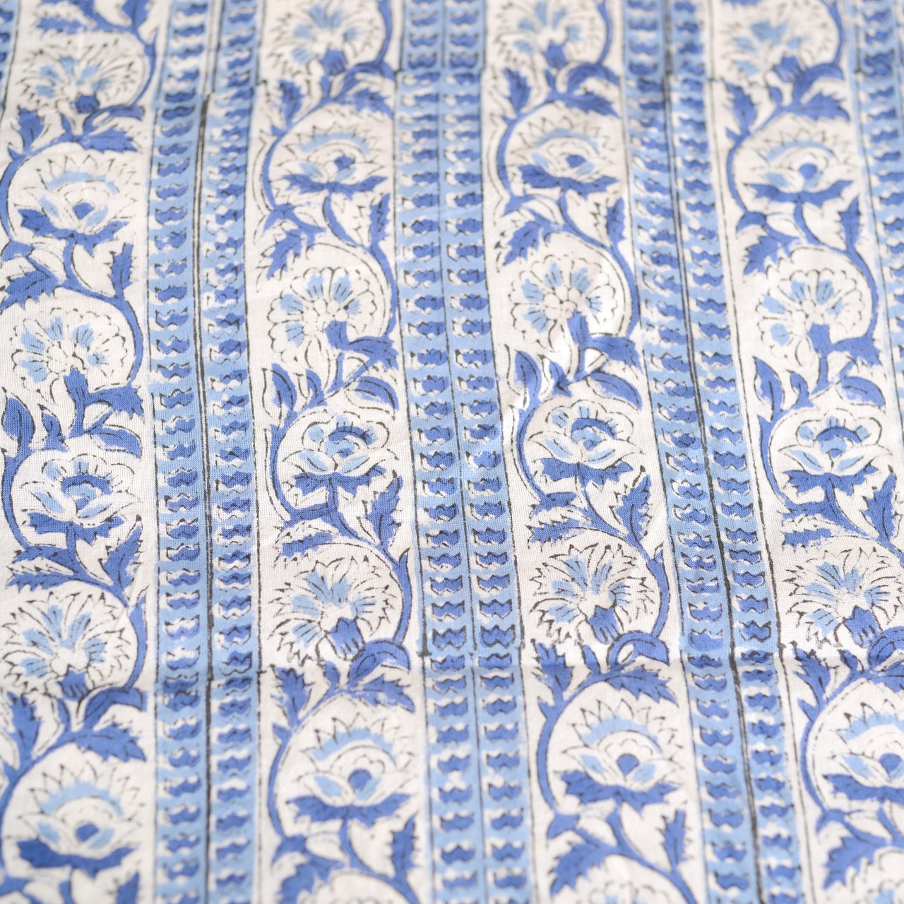 Block Print Cotton Fabric - Blue & White Flowers