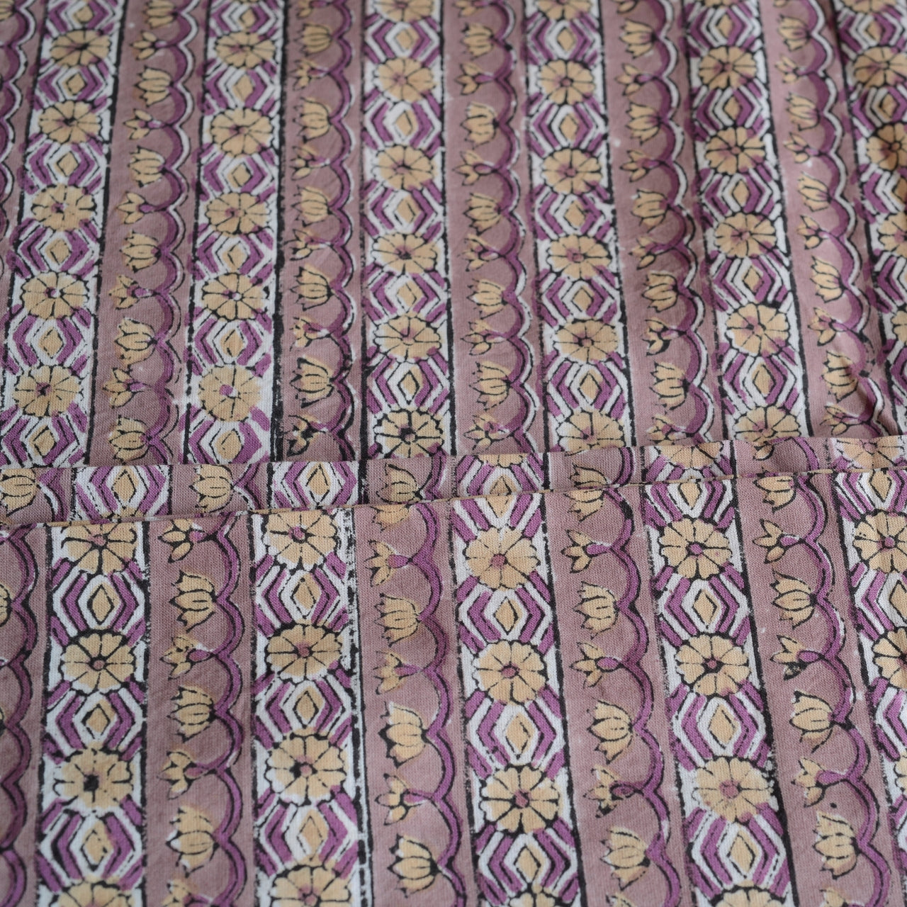 Block Print Cotton Fabric - Purple Stripe & Flowers