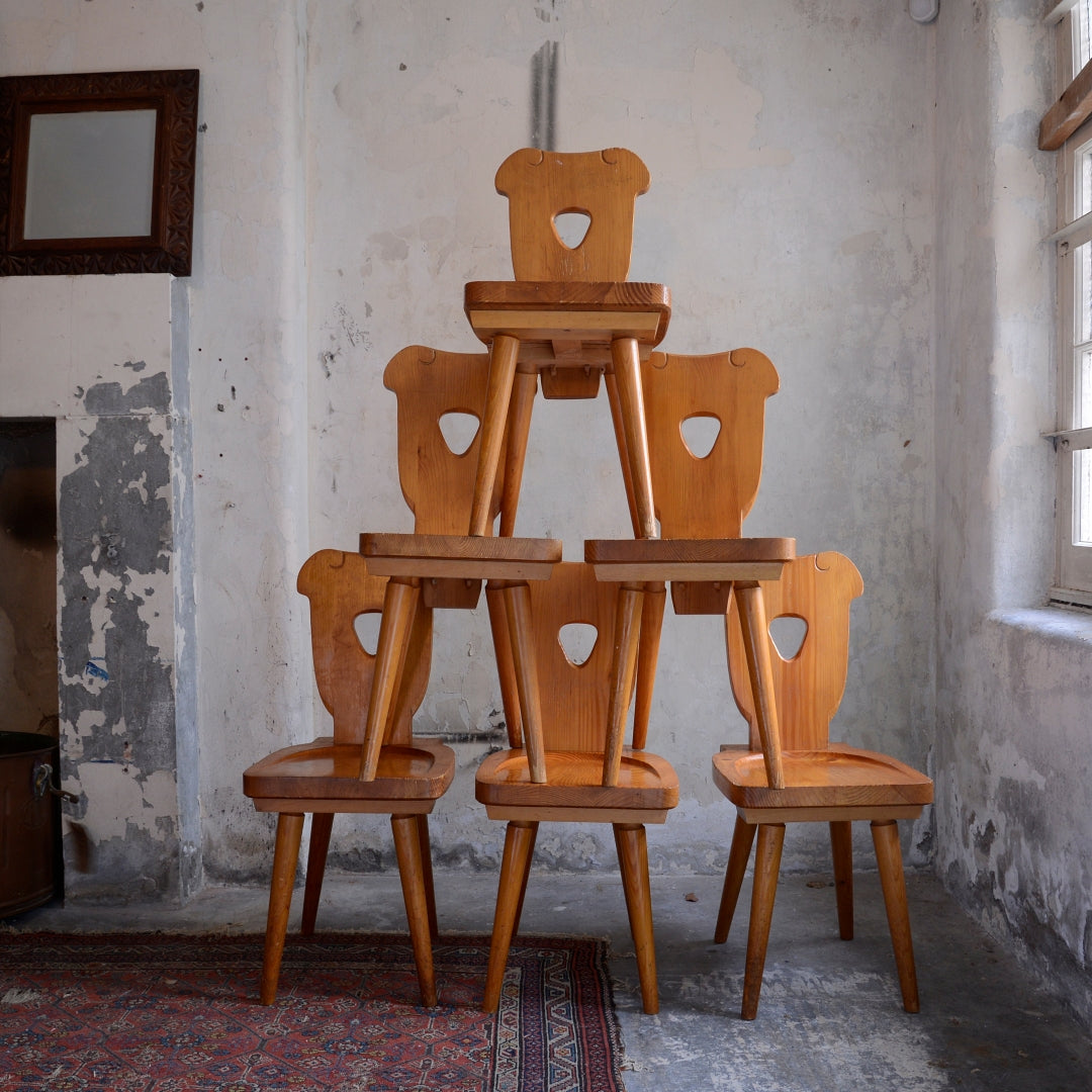 Brutalist Pine 1970’s Bistro Table and Six Chairs by Zydel REDYK B