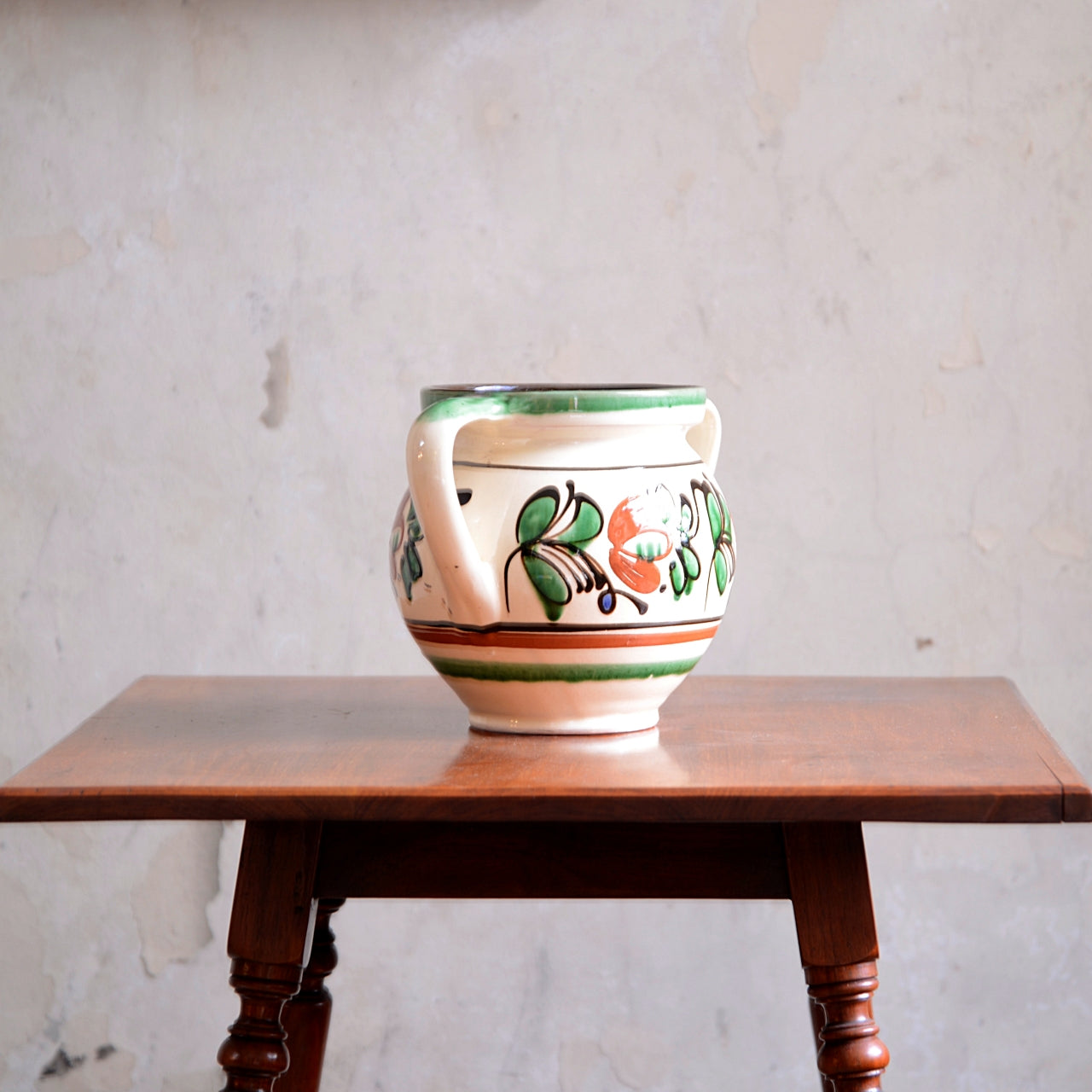 Hungarian Folk Art Green on Cream Slipware Pot