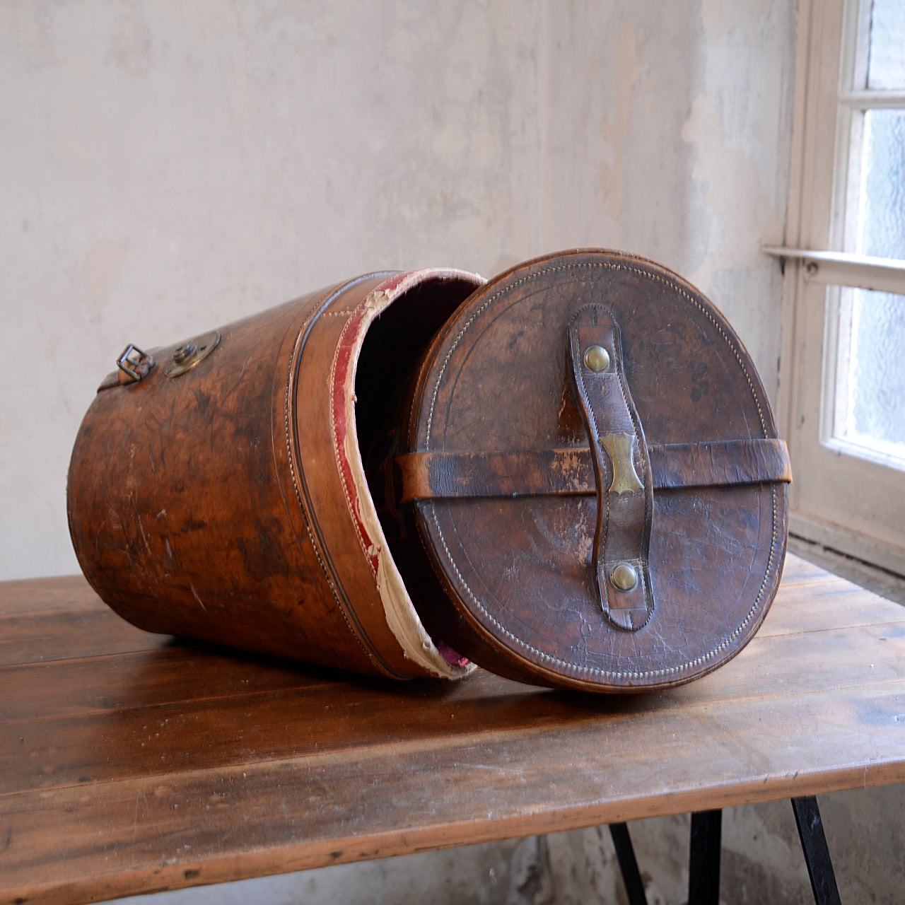 19thC Leather Top Hat Box