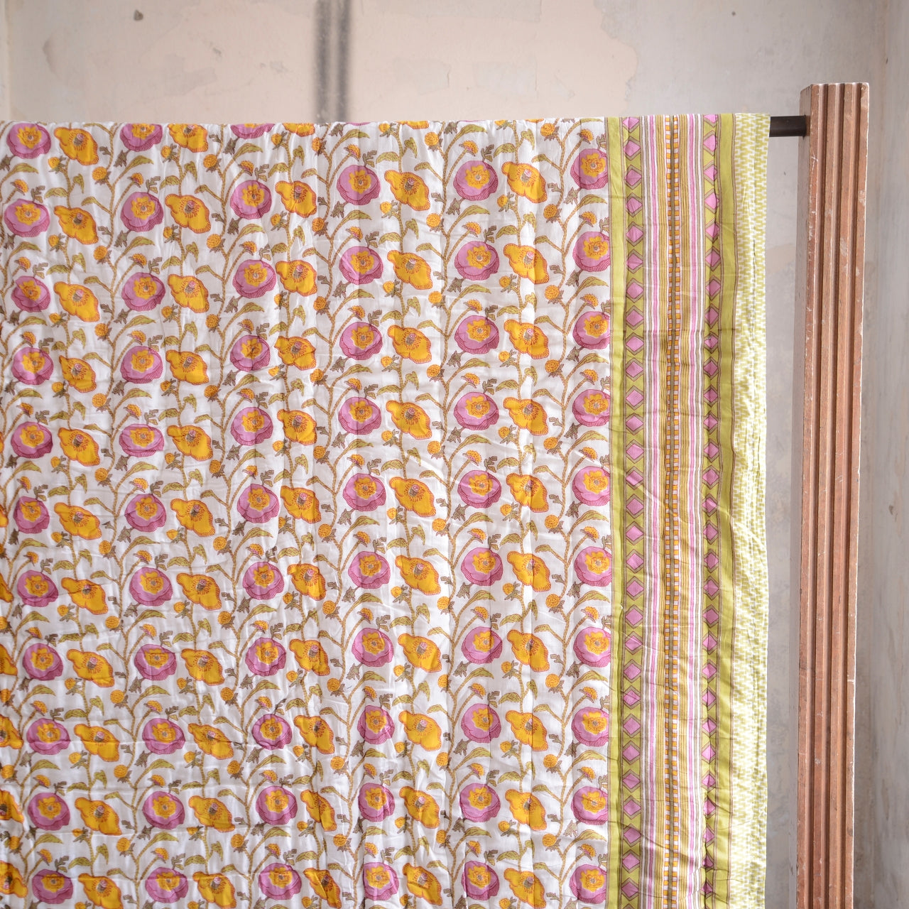 Kingsize Reversible Block-Print Cotton Padded Quilt | Pale Olive & Yellow Purple Flowers